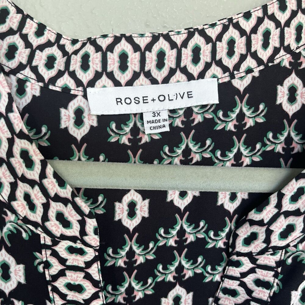 Rose + Olive Blouse 3x Black Green Floral Split Neck Boho Peasant Popover Top - Picture 6 of 15